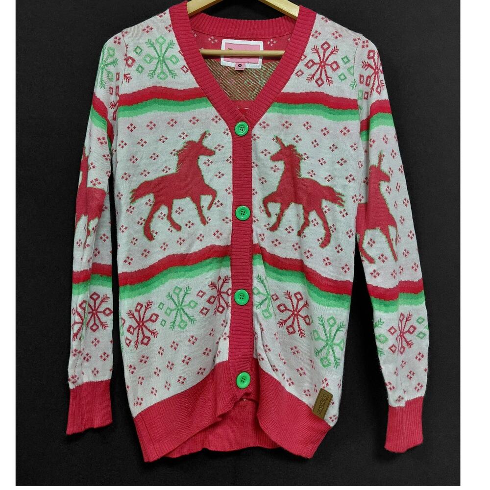 tipsyelves Tipsy Elves White Red Green Unicorn Graphic Print Knit Size M